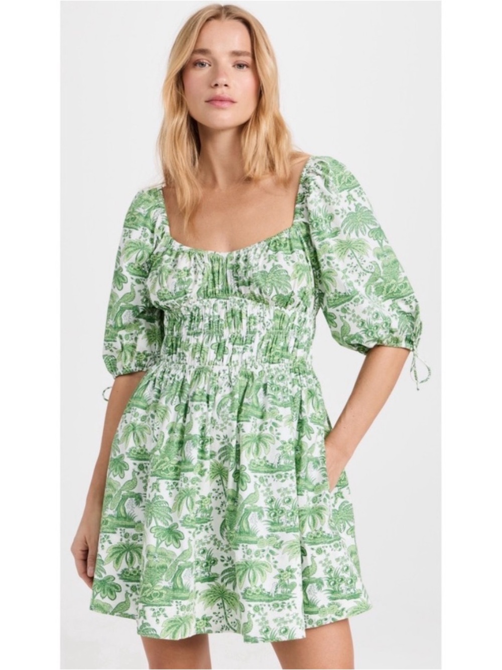 STAUD Faye Puff Sleeve Mini Dress in Clover Toile Green White Floral Print